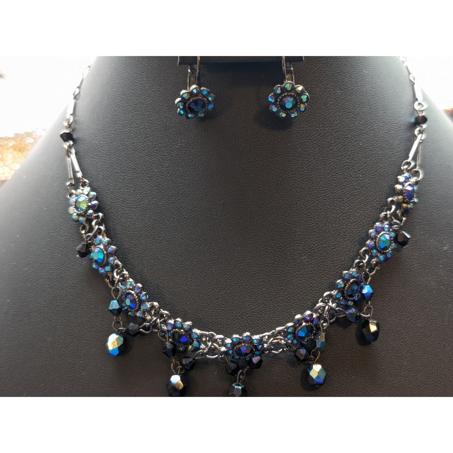 Dark Blue AB Crystal Gun Metal 11"-15.5" Necklace and Lever Back Earring Set