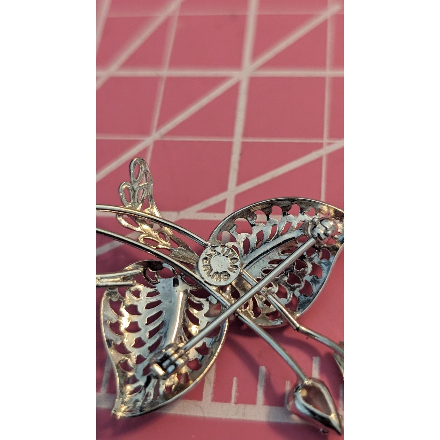 Signed Vintage Titan Sterling Filigree Rhinestone Floral Brooch