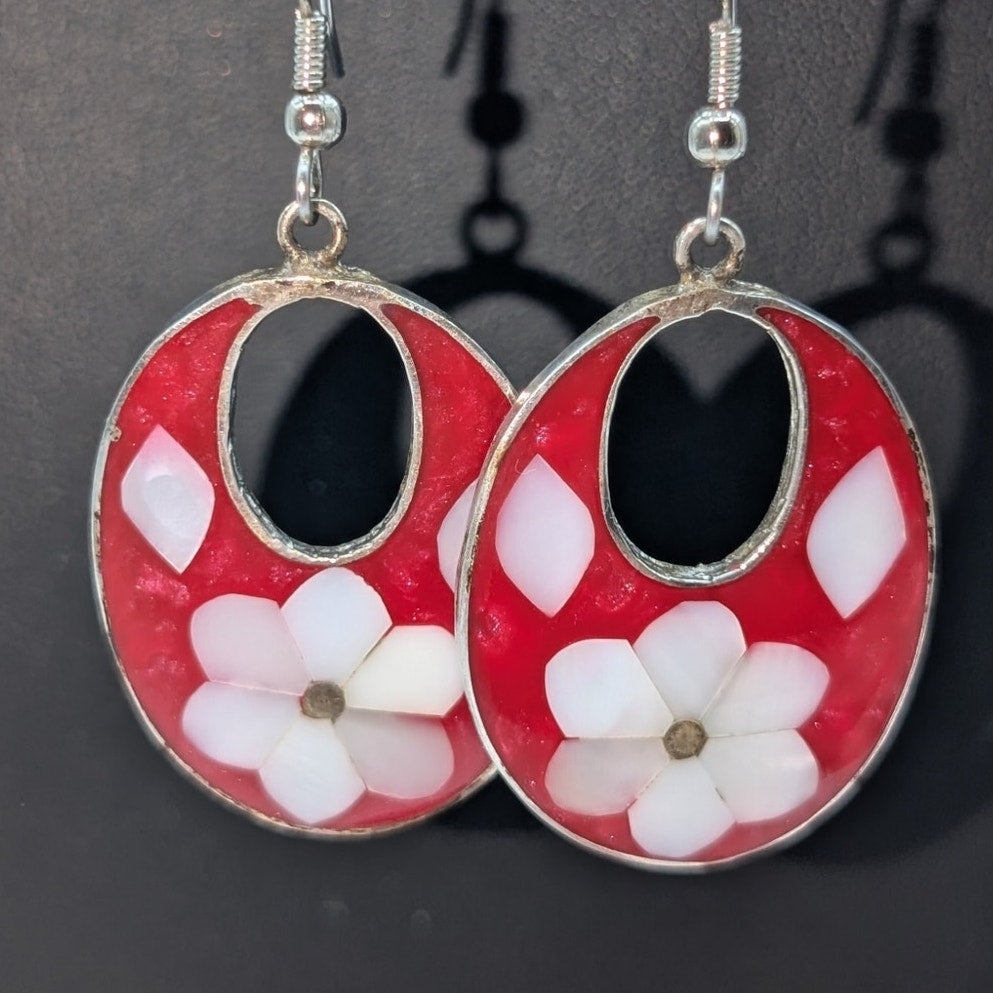 Vtg Alpaca Mexico Red White Mother of Pearl Inlay Floral Dangle Earrings