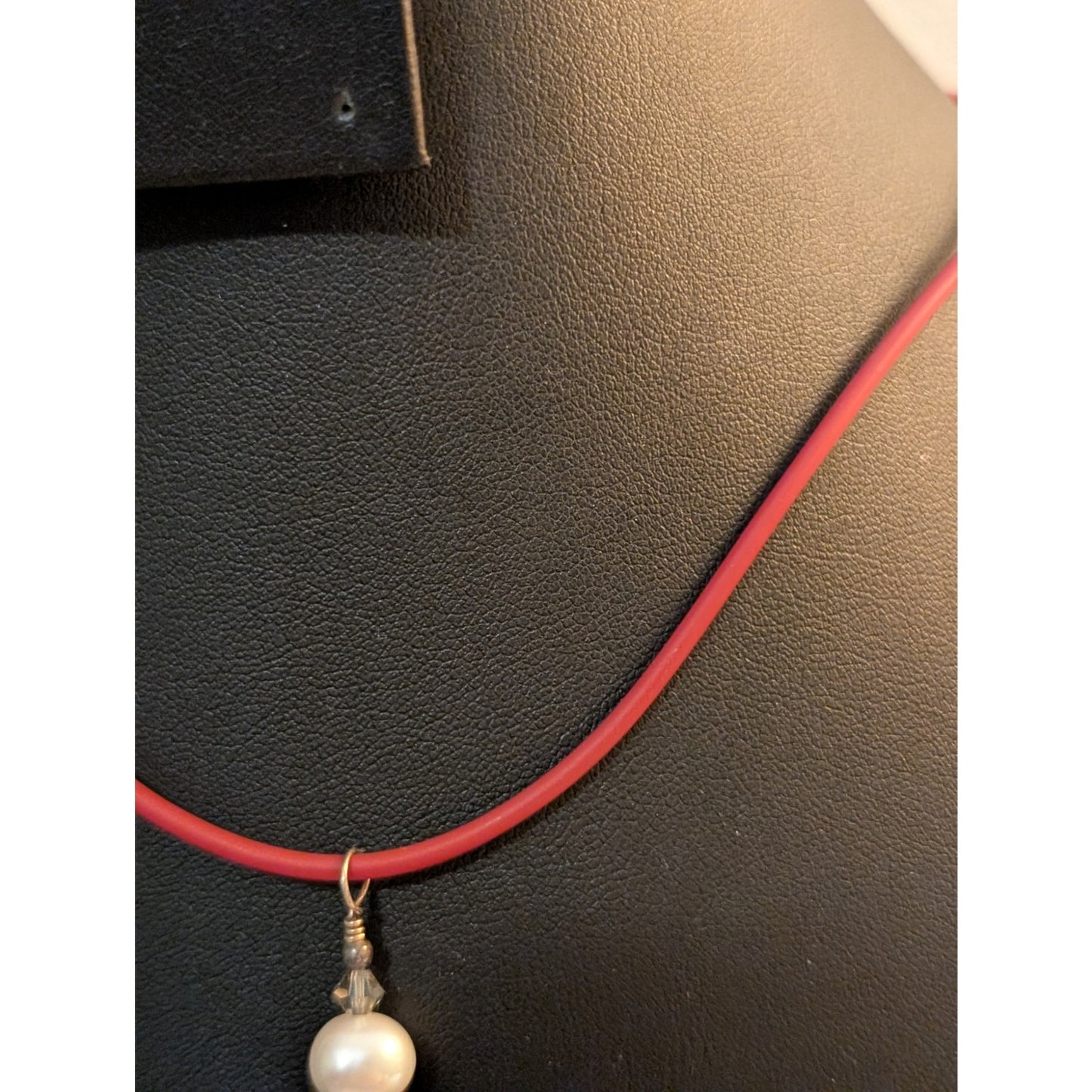 Red Rubber Cord W/ 925 Sterling Silver Clasp & Pearl Pendant 16" Necklace