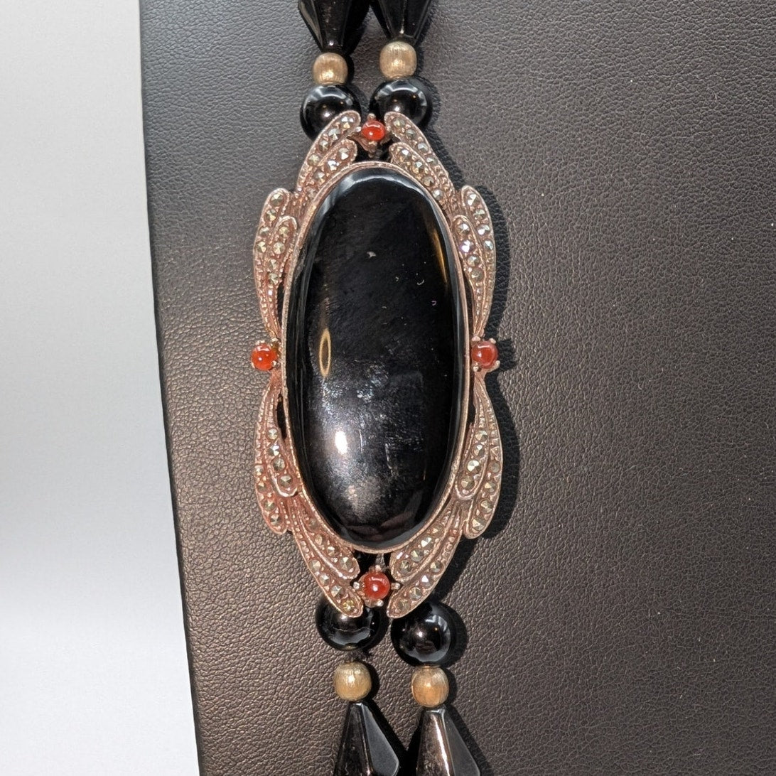 VTG Sterling Double Strand Black Onyx/Tourmaline Carnelian Marcasite Necklace