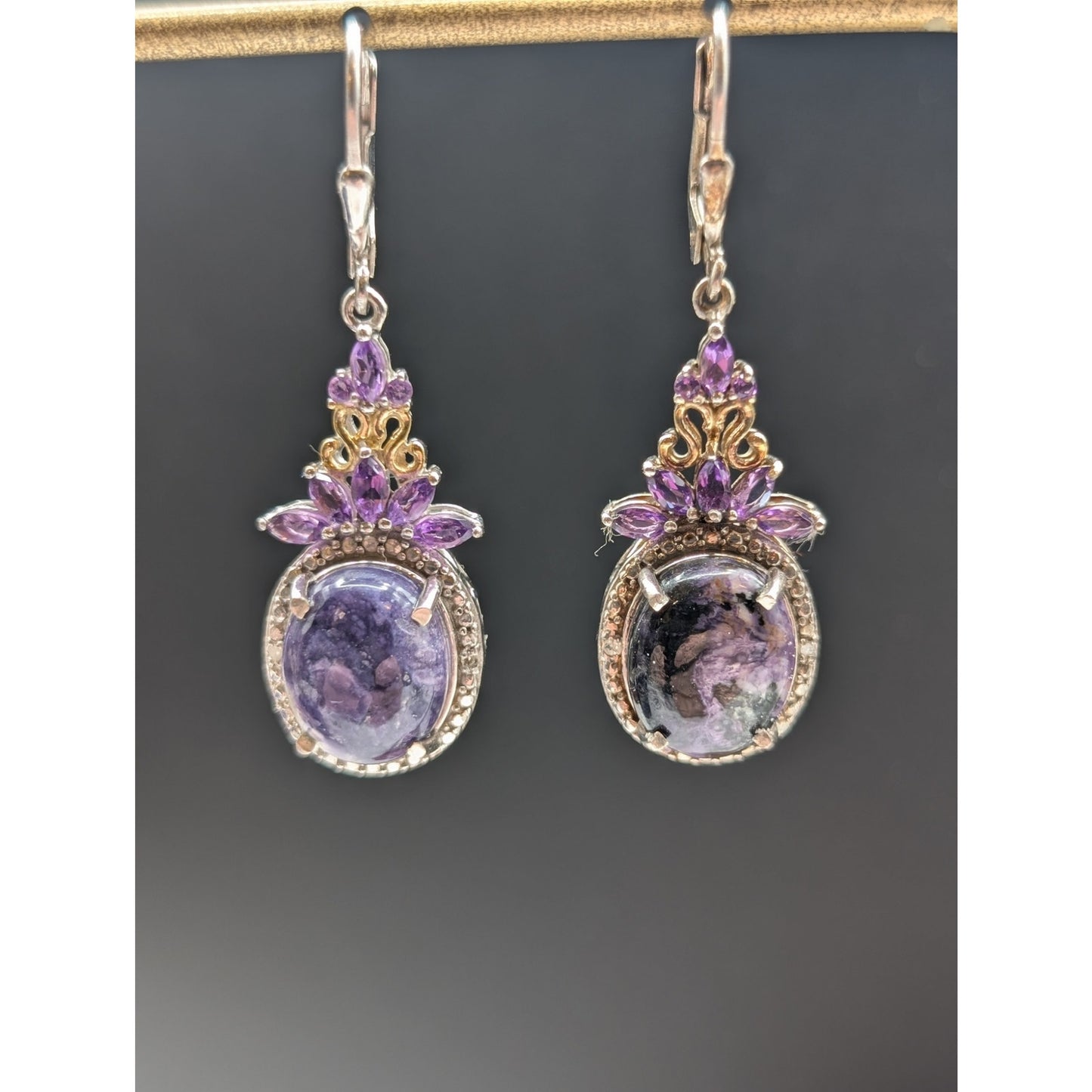 STS Sterling Amethyst/Purple Sodalite Dangle Lever-Back 1.5" Earrings 7.04g