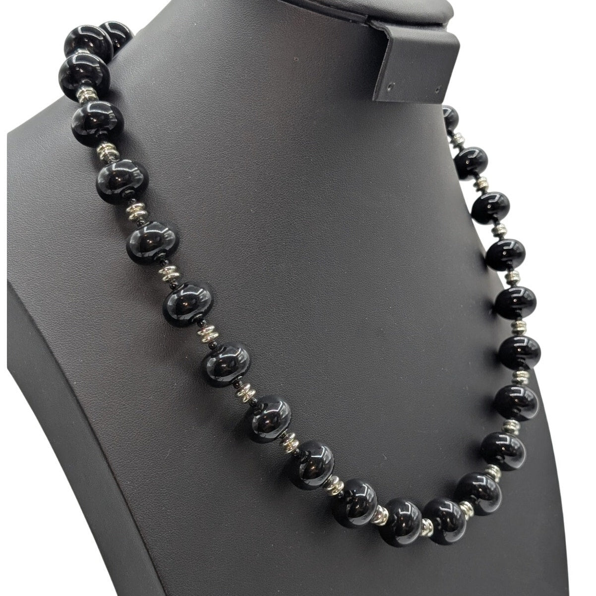 Vintage Black Oval Silver & Black Acrylic Spacer Bead 24.5" Necklace