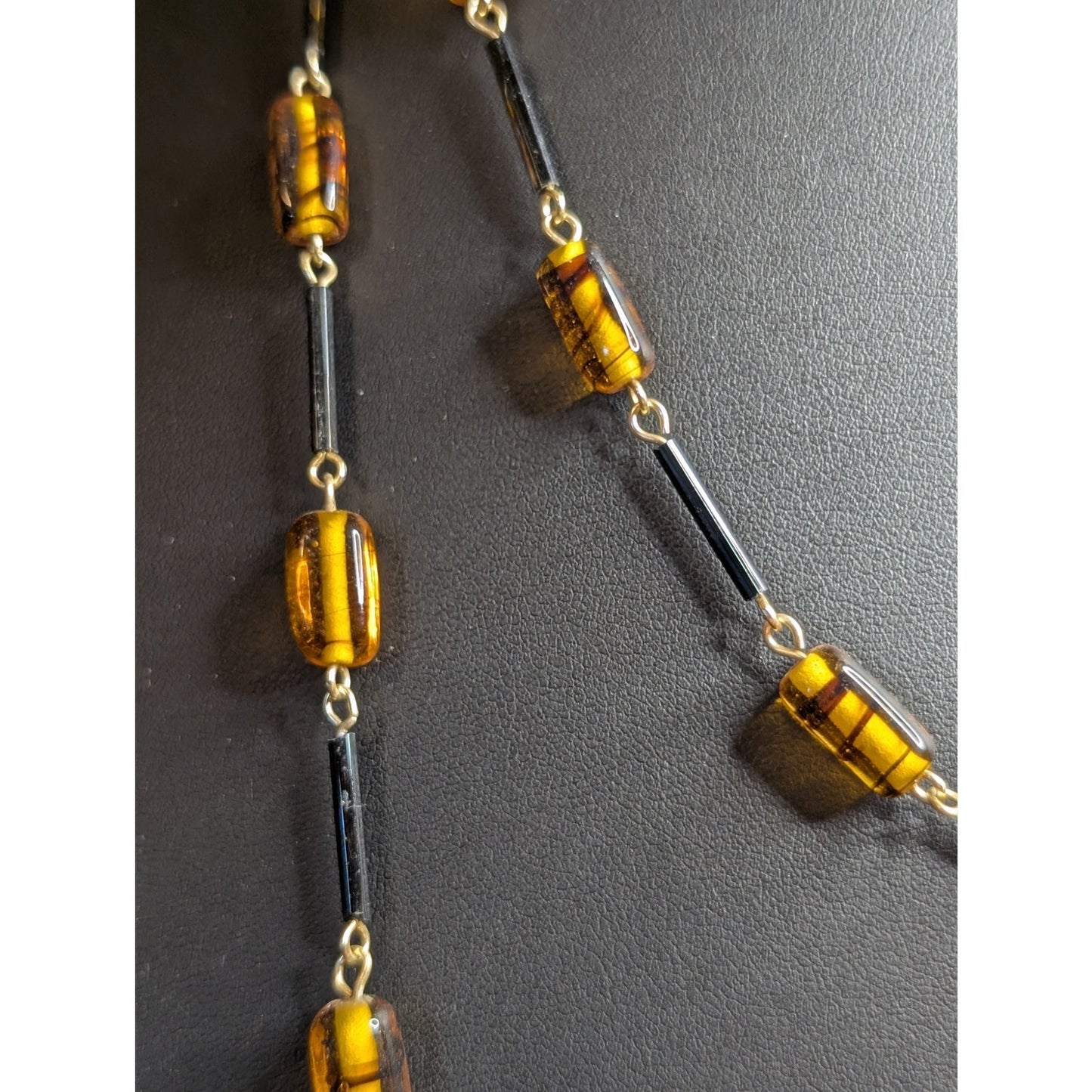 Vintage Amber Glass Black Bar Beaded 54" Long Necklace