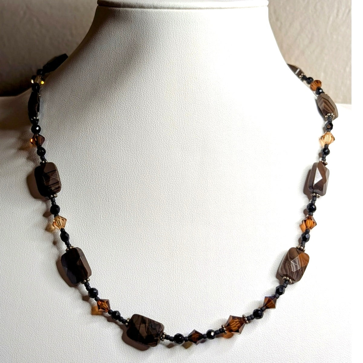 Black & Brown Crystal & Agate Stone Beaded 18" Necklace with Swirl Hook Clasp