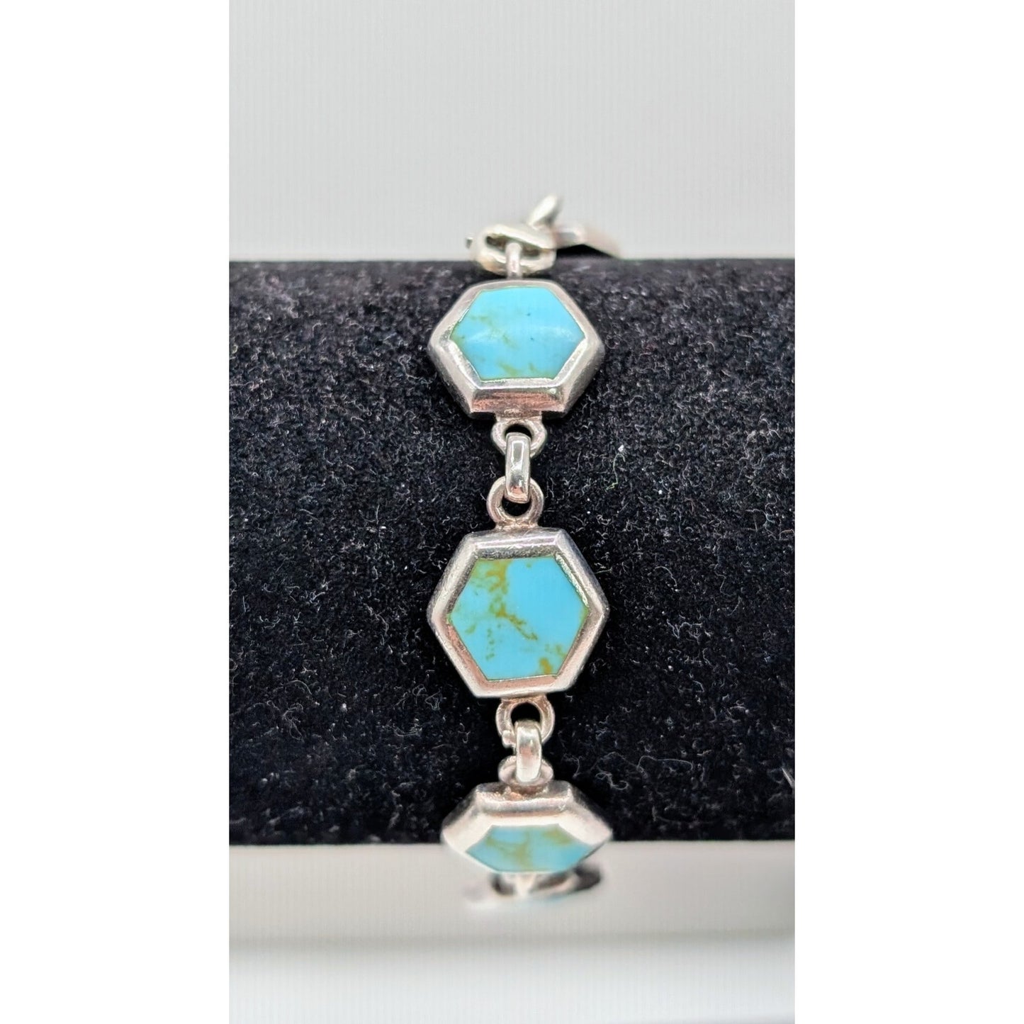 Vintage 925 Sterling Silver Hand Set Turquoise Inlay Station Chain Bracelet