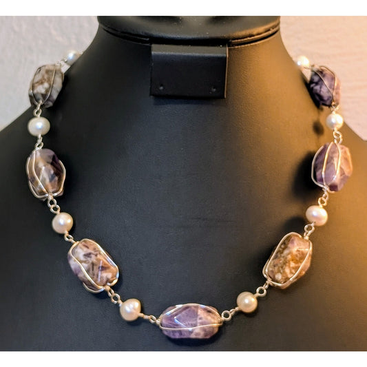 Chunky Wired Purple Lace Agate & Amethyst Fresh Water Pearl Sterling Necklace