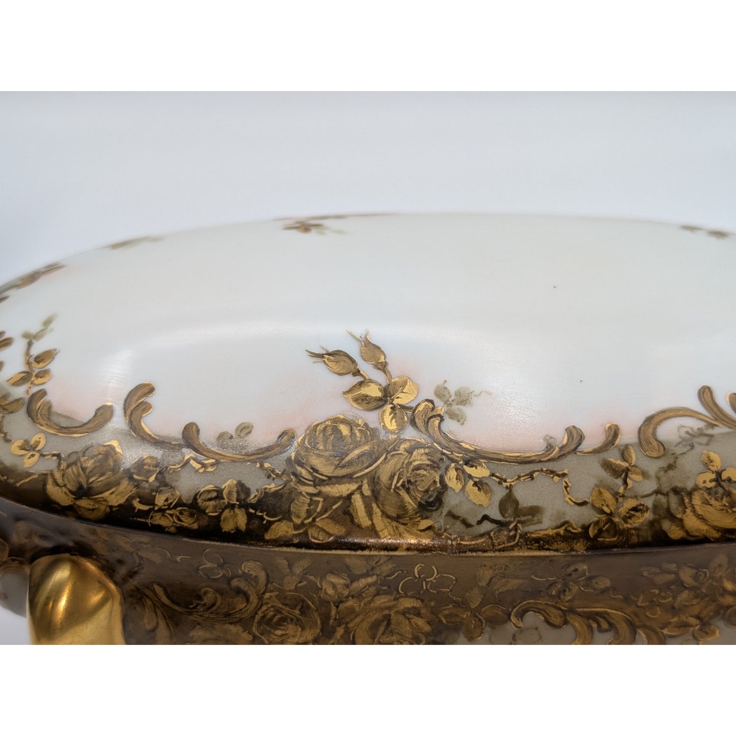 Vtg/Antique Signed Louise Gold Footed China Oval Hand Painted Trinket Box