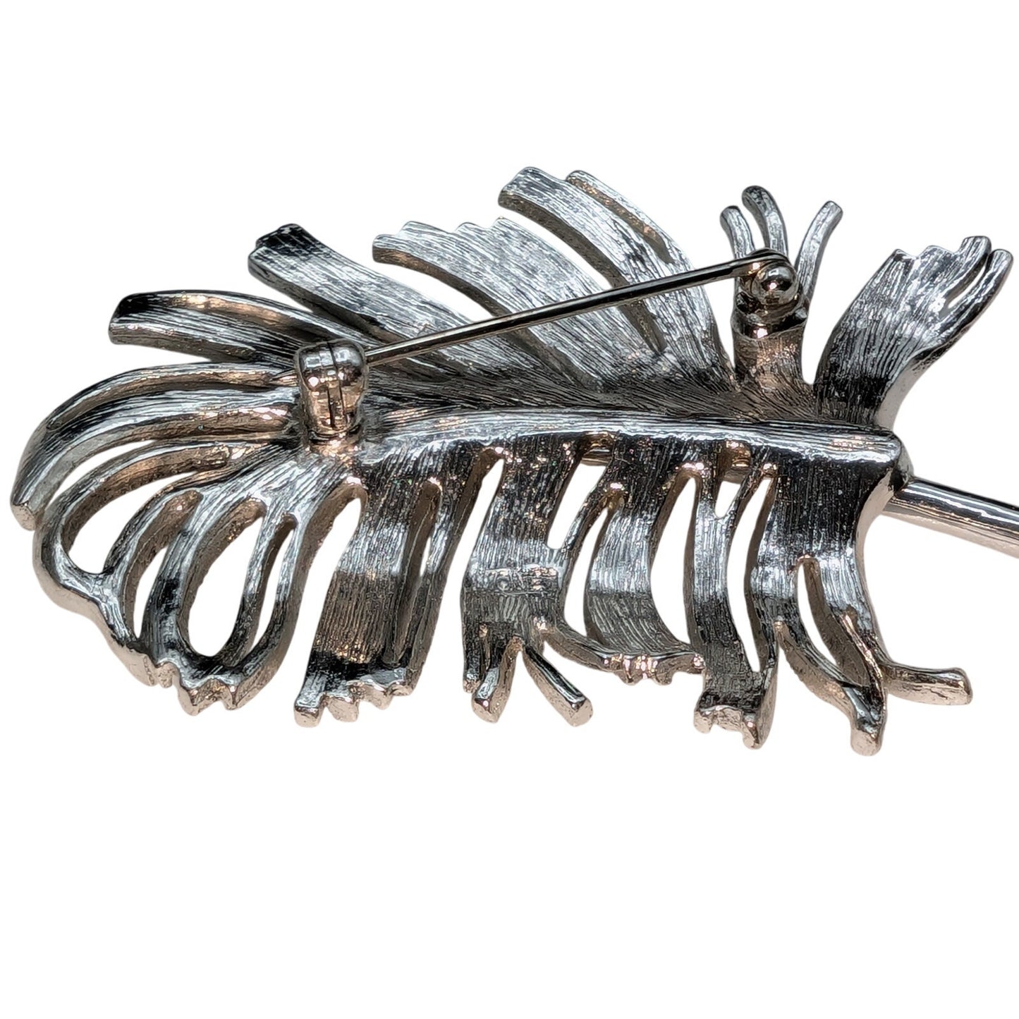 Vintage Monet Silver Tone Textured Rhinestone Feather Brooch Pin