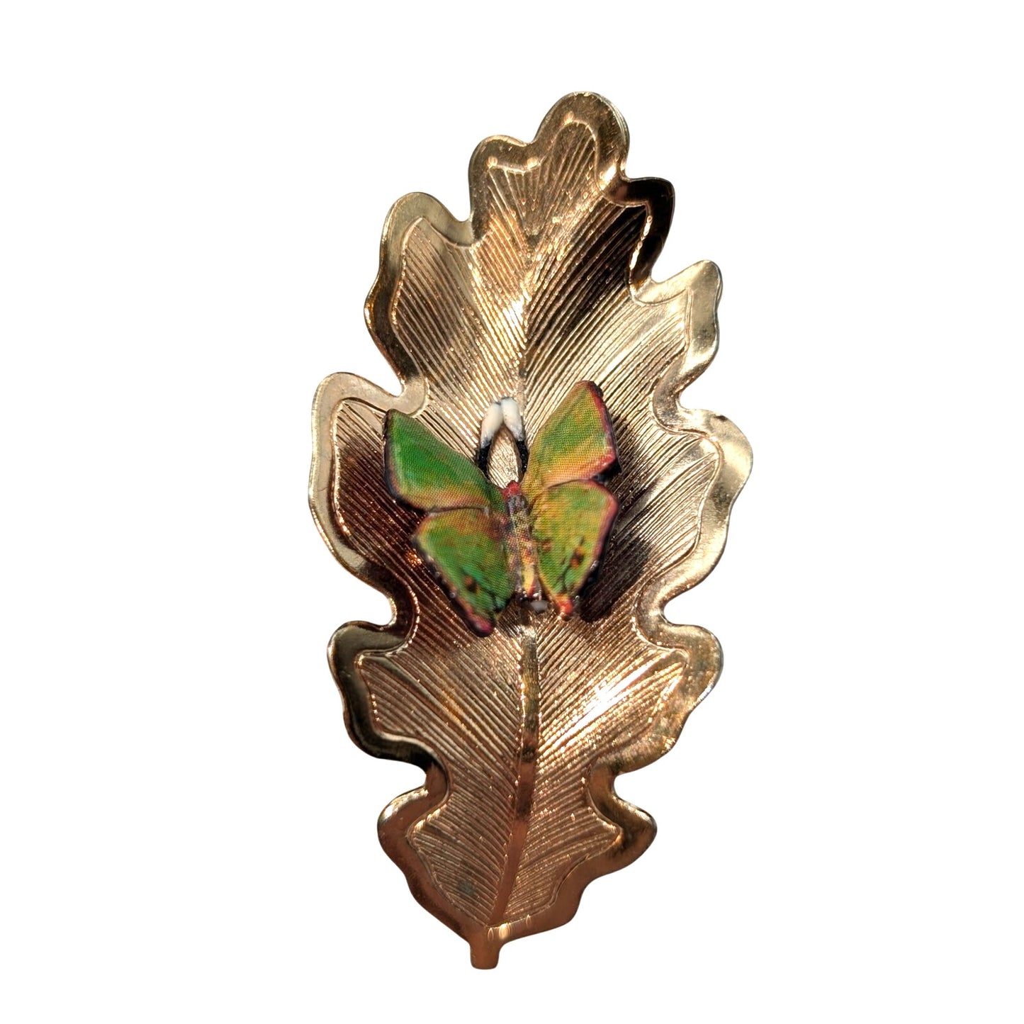 Vintage Gold Tone Green Butterfly On Leaf Brooch