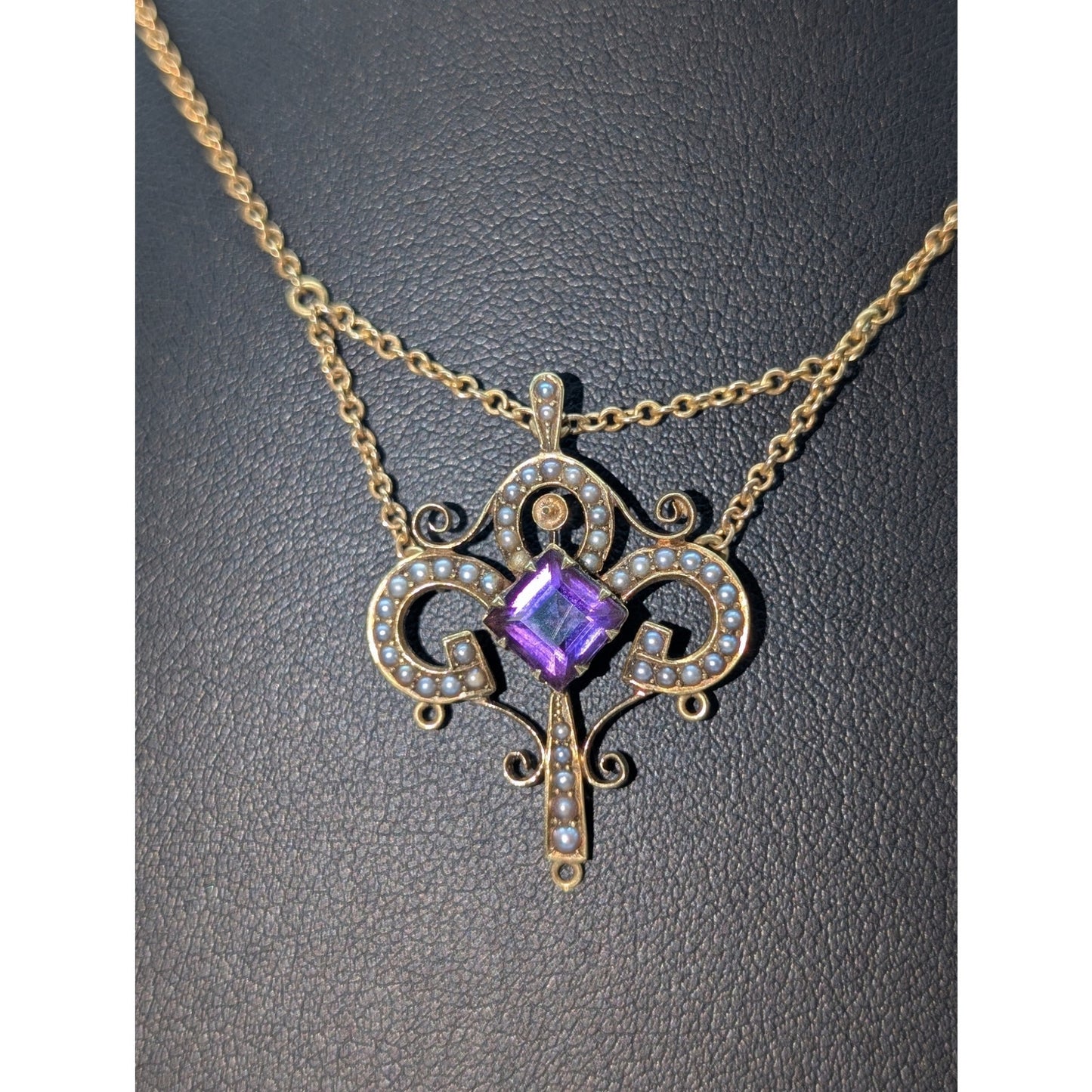 Antique 14k Yellow Gold Art Nouveau Amethyst Seed Pearl Festoon 15.5" Necklace