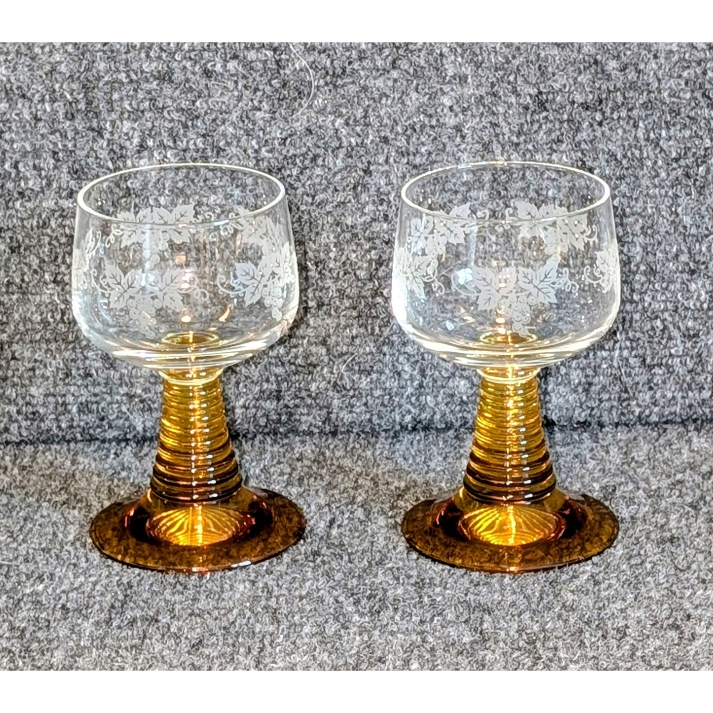 Two German Schott-Zwiesel Etched Grapes & Leaves Amber Stem Roemer Wine Glasses
