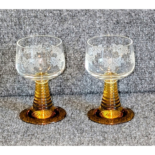 Two German Schott-Zwiesel Etched Grapes & Leaves Amber Stem Roemer Wine Glasses