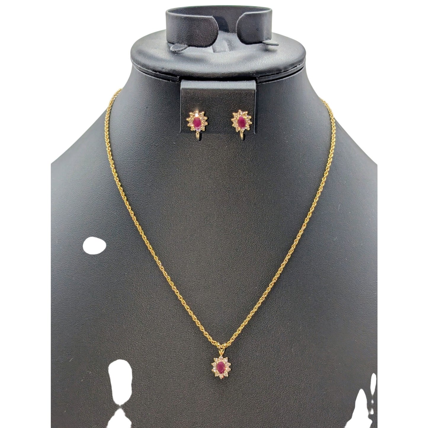 Vintage 1/20 14k Lab Created Ruby White Spinel Gold Tone Necklace & Earring Set