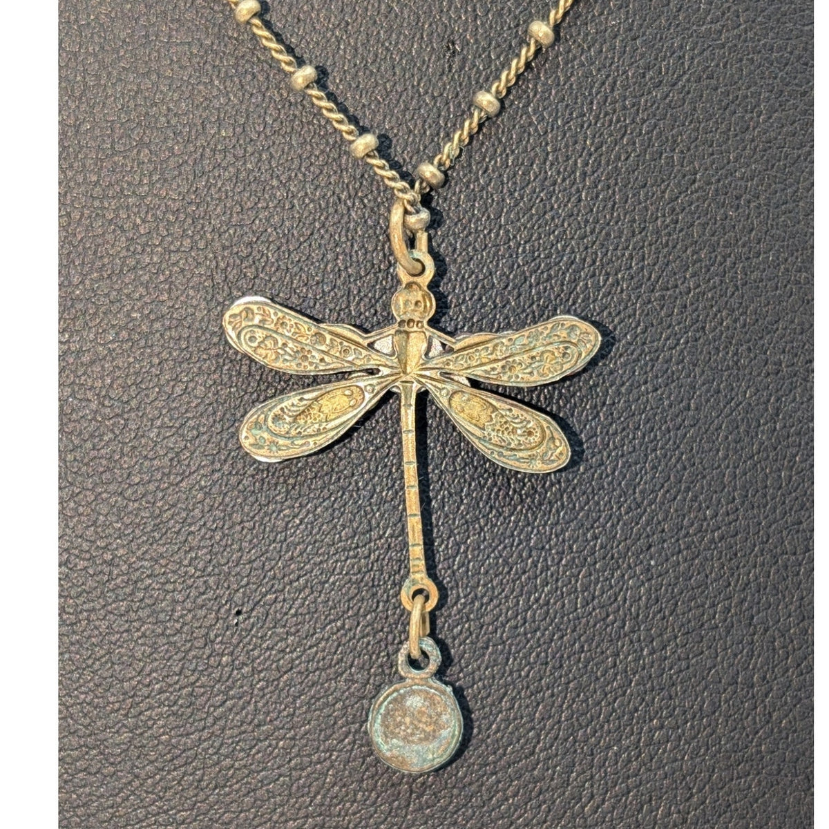Vtg Anne Koplik Designs Crystal Antiqued Brass Beaded Chain Dragonfly Necklace
