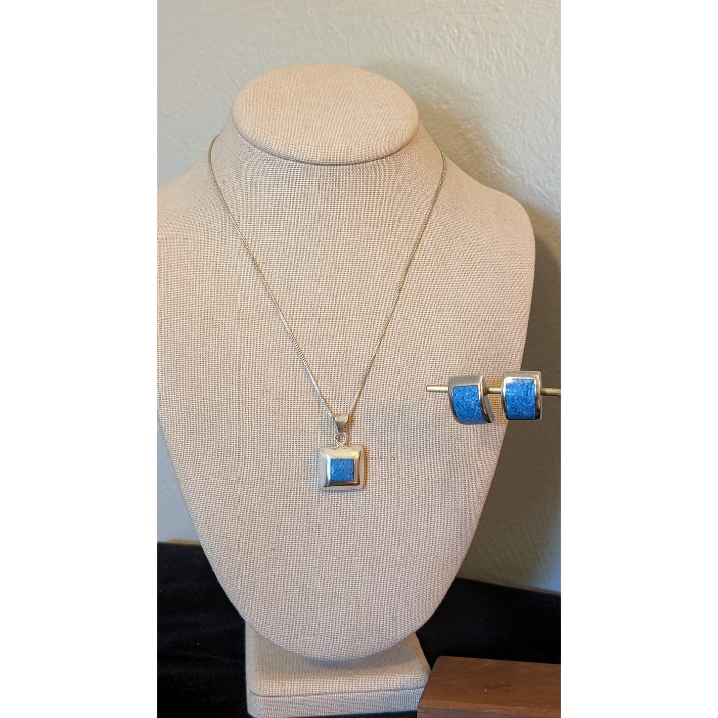 Mexico 925 Sterling Silver Blue Stone Inlay Necklace & Matching Earring Set
