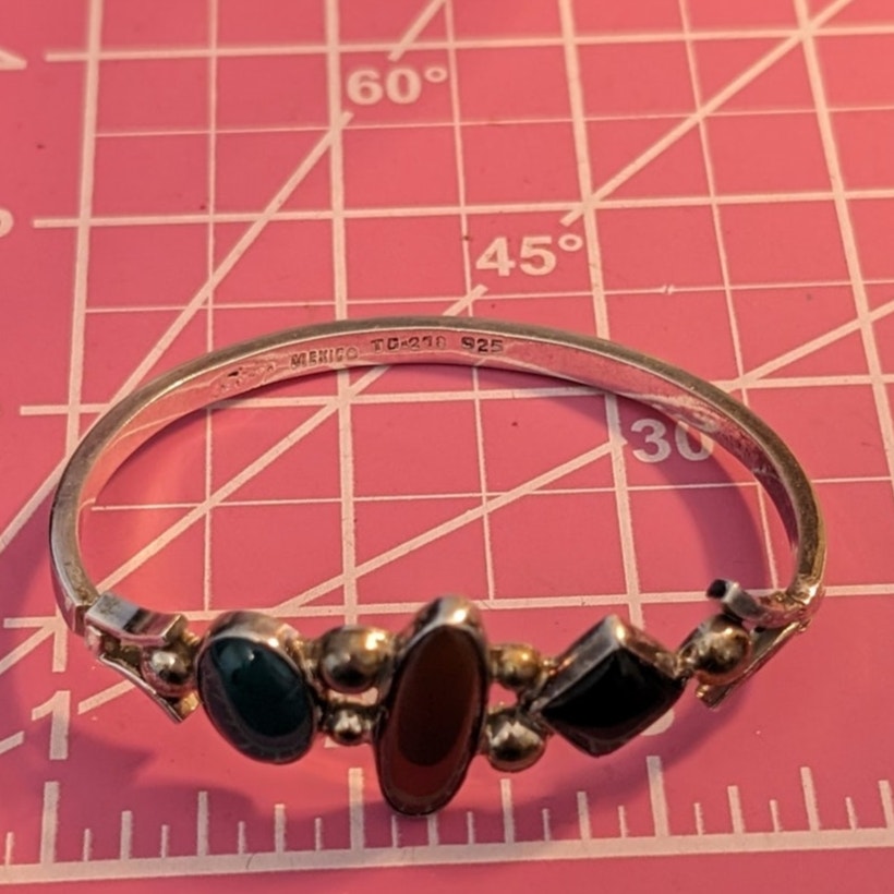 Vintage Mexico 925 Sterling Silver Three Stone Hook Latch Bangle Bracelet