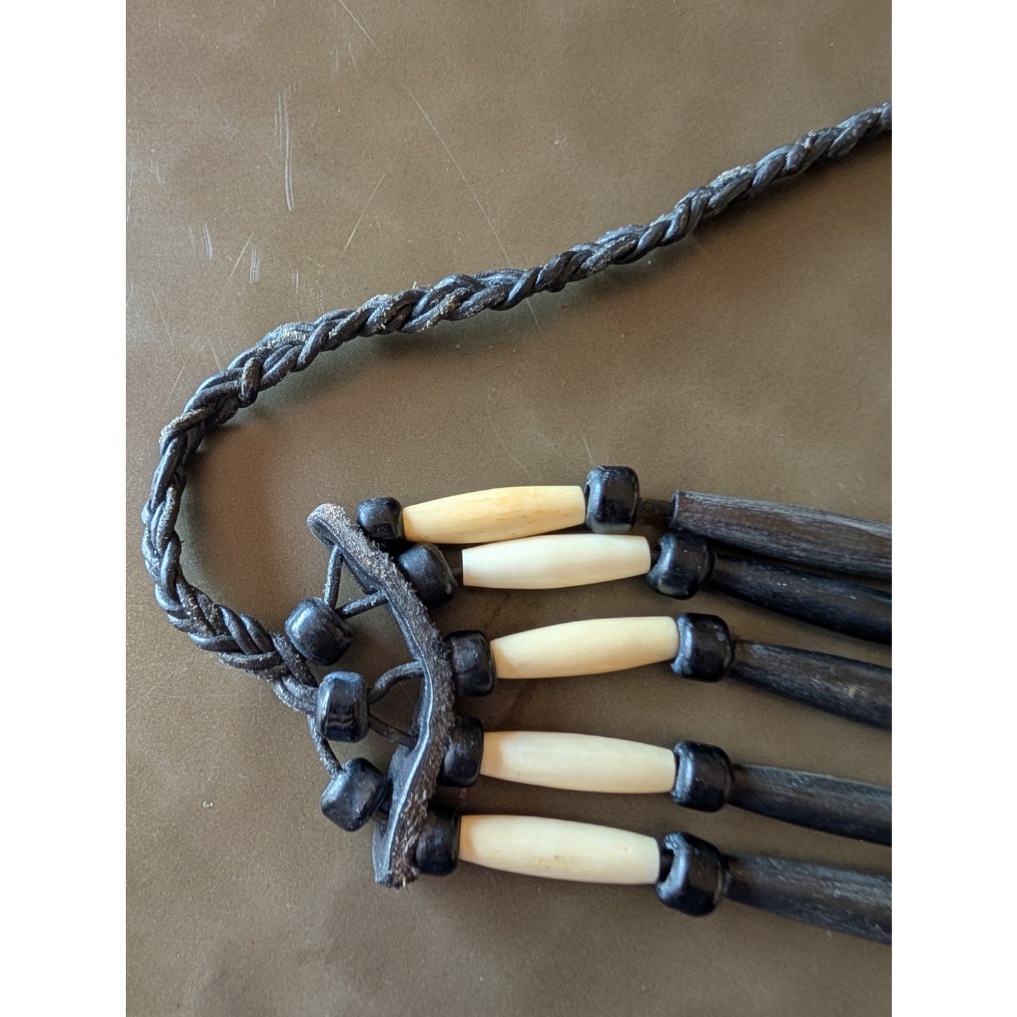 Native American Abalone Disc 5 Strand Bone Hairpipe & Glass Bead Leather Choker