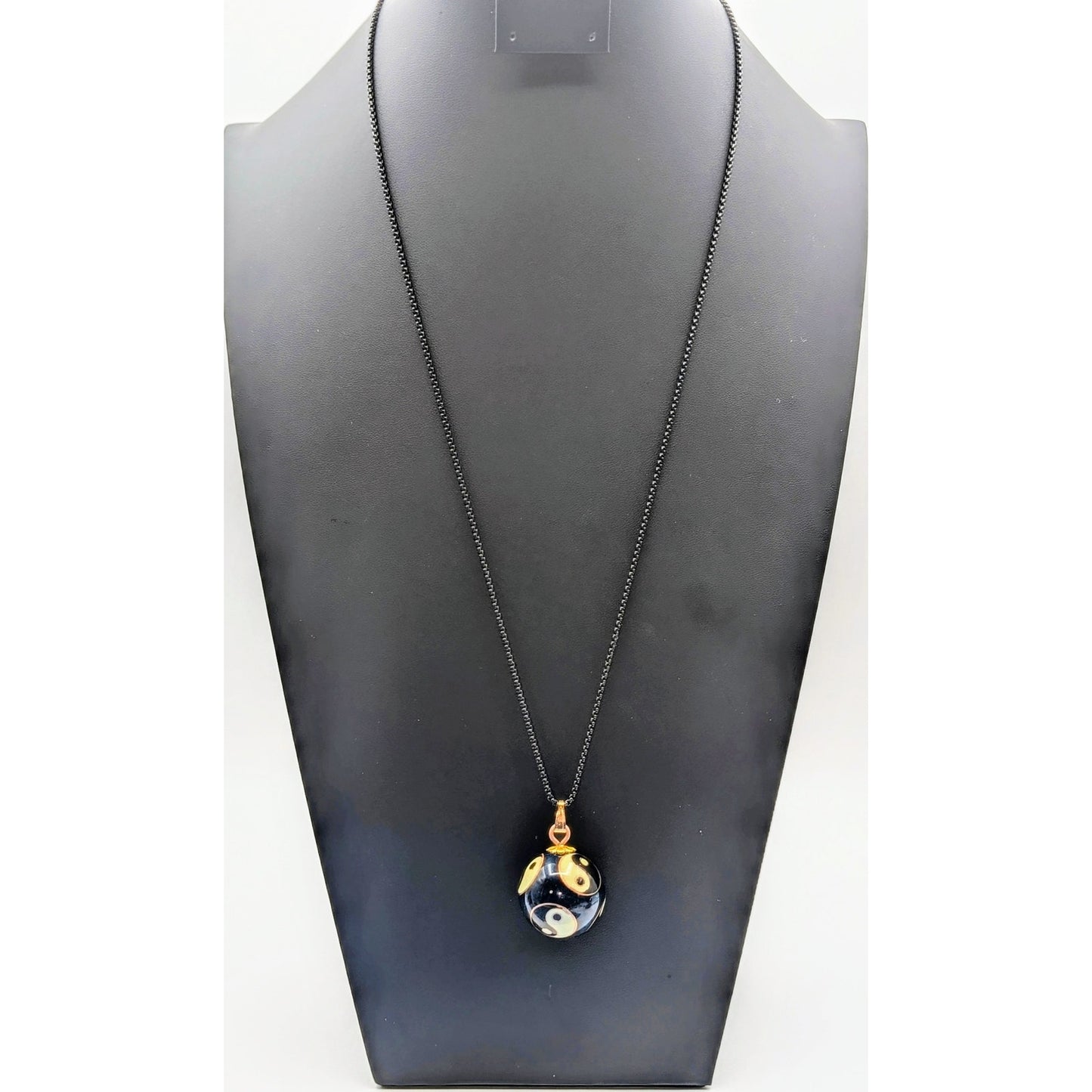 Enameled Blue Gold Cream Black Cloisonne Chime Pendant 26" Necklace