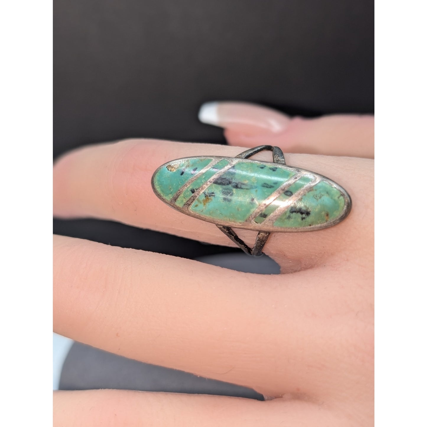 Vintage Sterling Silver Inlay Greenish Long Oval Chipped Stone Ring Size 5.5