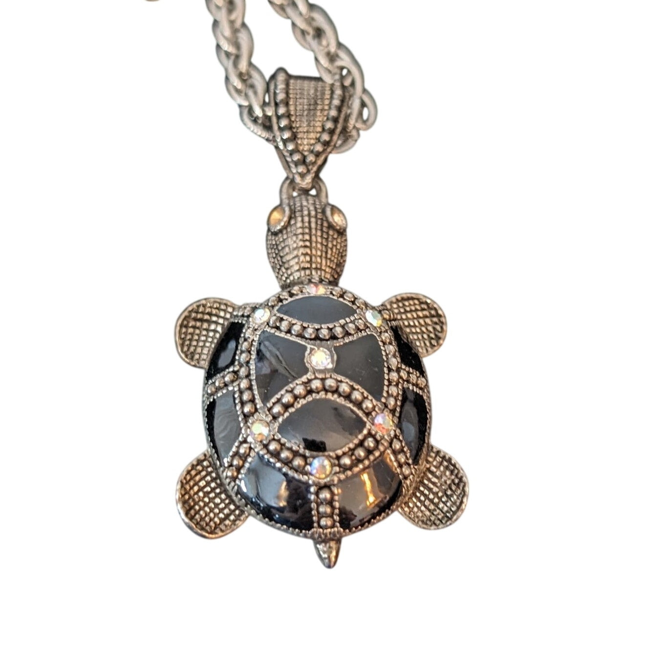 Vintage Black Enamel Beaded AB Crystal Silver Tone Chain Turtle Necklace