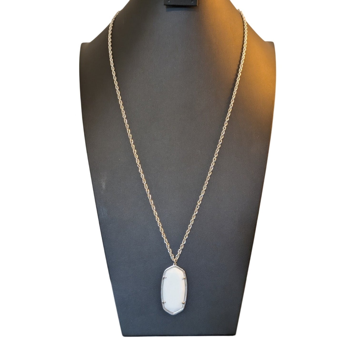 Kendra Scott Rae Milk Glass White Long Silver Plate Pendant RAE 32" Necklace