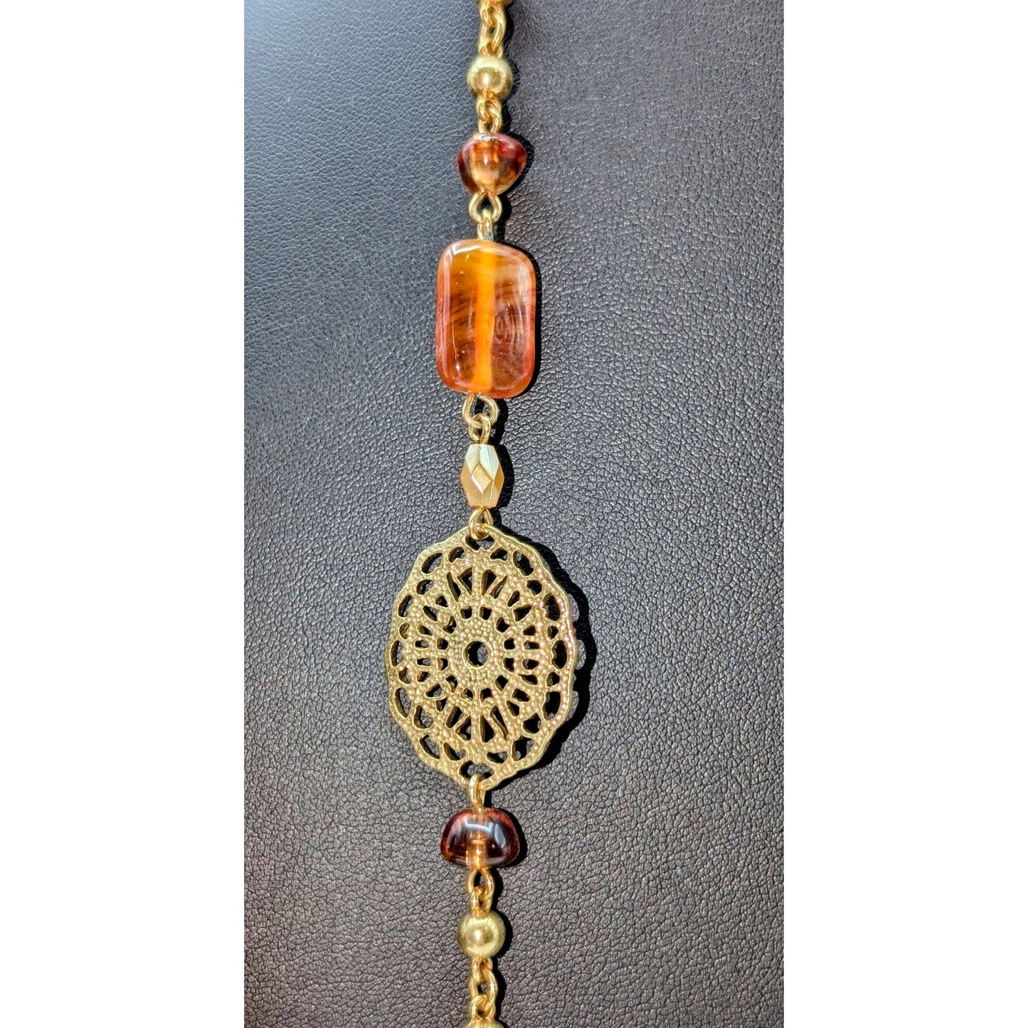 Avon Gold Tone Filigree Metallic Glass Warm Tone Beaded Station Chain Necklace
