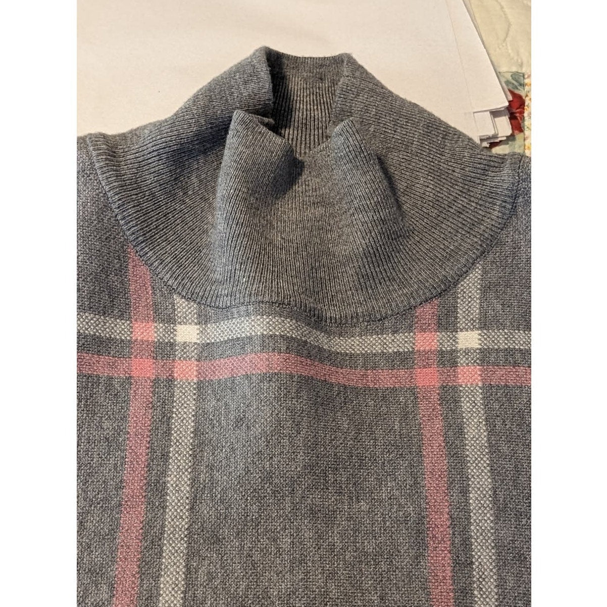 Max Studio Gray Pink Plaid Mock Turtleneck Pullover Knit Womens One Size Poncho