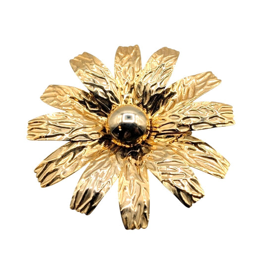 Vintage 70s Large Textured Gold Tone Long Leaf 3D Flower Brooch