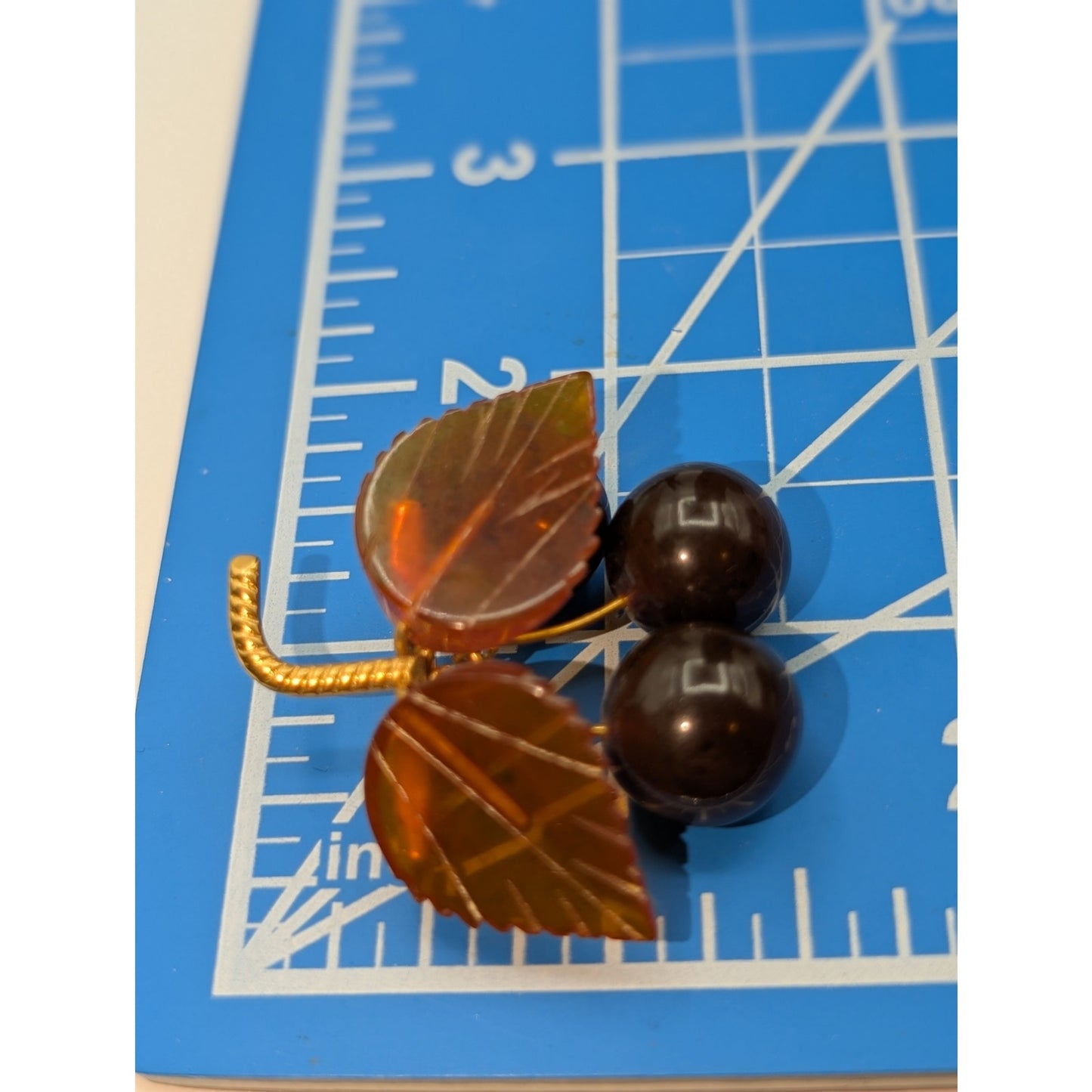 Vintage USSR 1980s Baltic Amber Cherry Gold Plated Brass Frame Brooch
