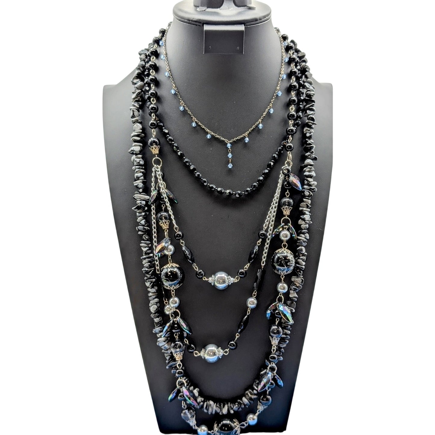 Lot of 4 Black Gray Silver Tone Stone Glass Crystal & Acrylic Beaded Necklaces