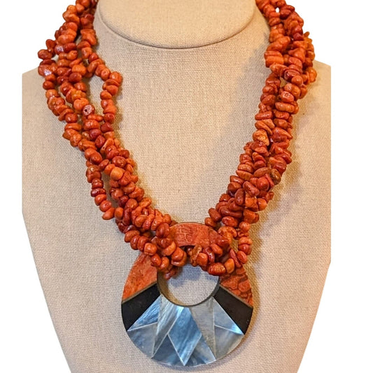 Vintage Multi-Strand Coral Abalone Shell Resin Tribal Necklace W/ Barrel Clasp