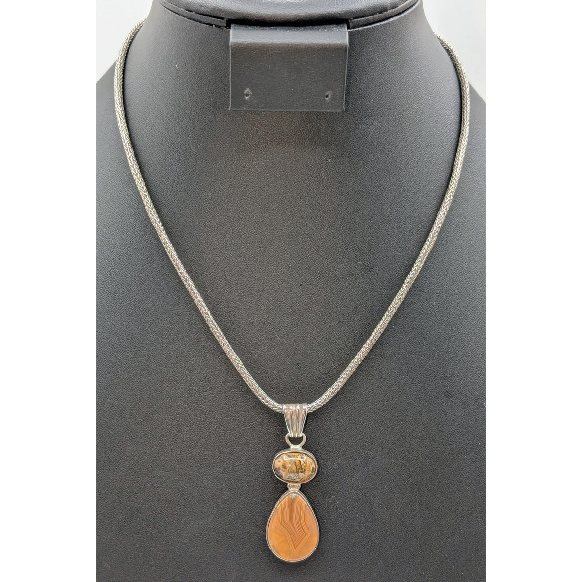 Vtg 'EG' 925 Sterling Orange Jasper Agate Stone Foxtail Chain Hook 18" Necklace
