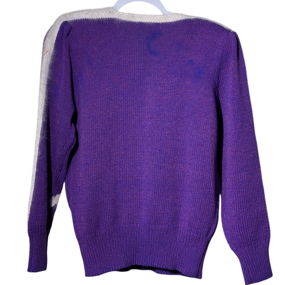 Vintage 80s Christine Purple Angora Bows Faux Pearls Sequin Sweater Women's M