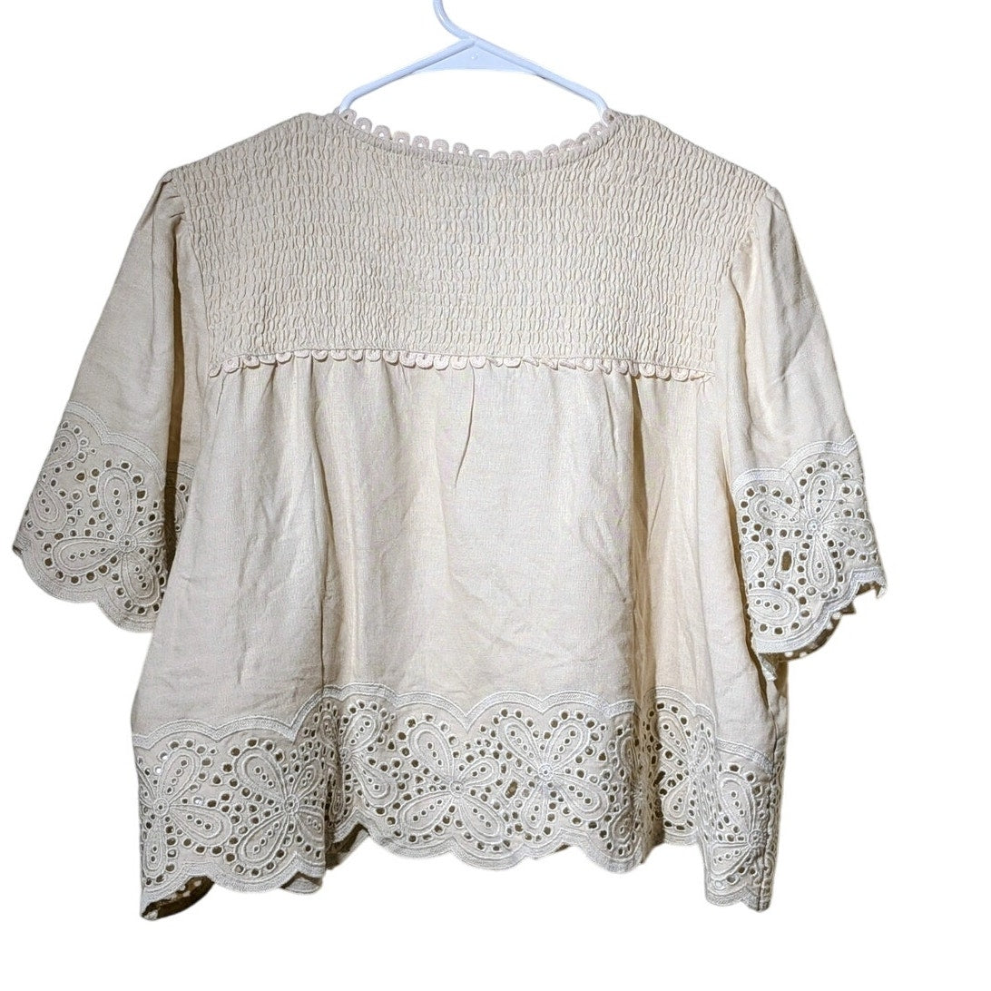 Ellen Tracy Ecru Linen Blend Smock Back Hem & Sleeve Trimmed V-Neck Crop Top L