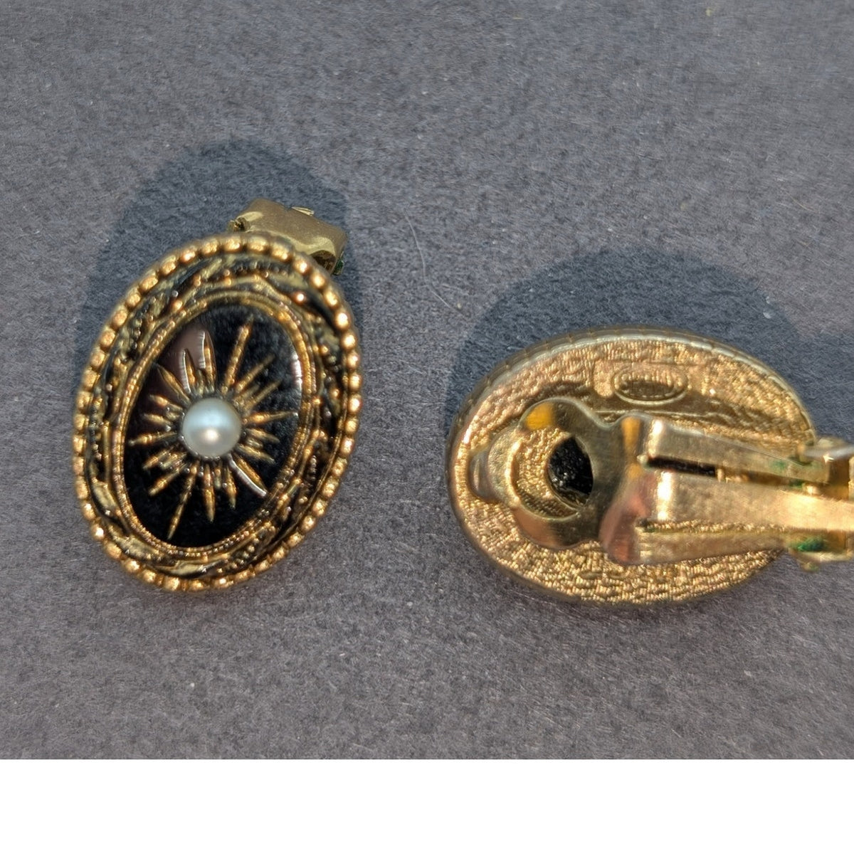 Vintage Sphinx Victorian Revival Black Gold Faux Pearl Clip On Earrings
