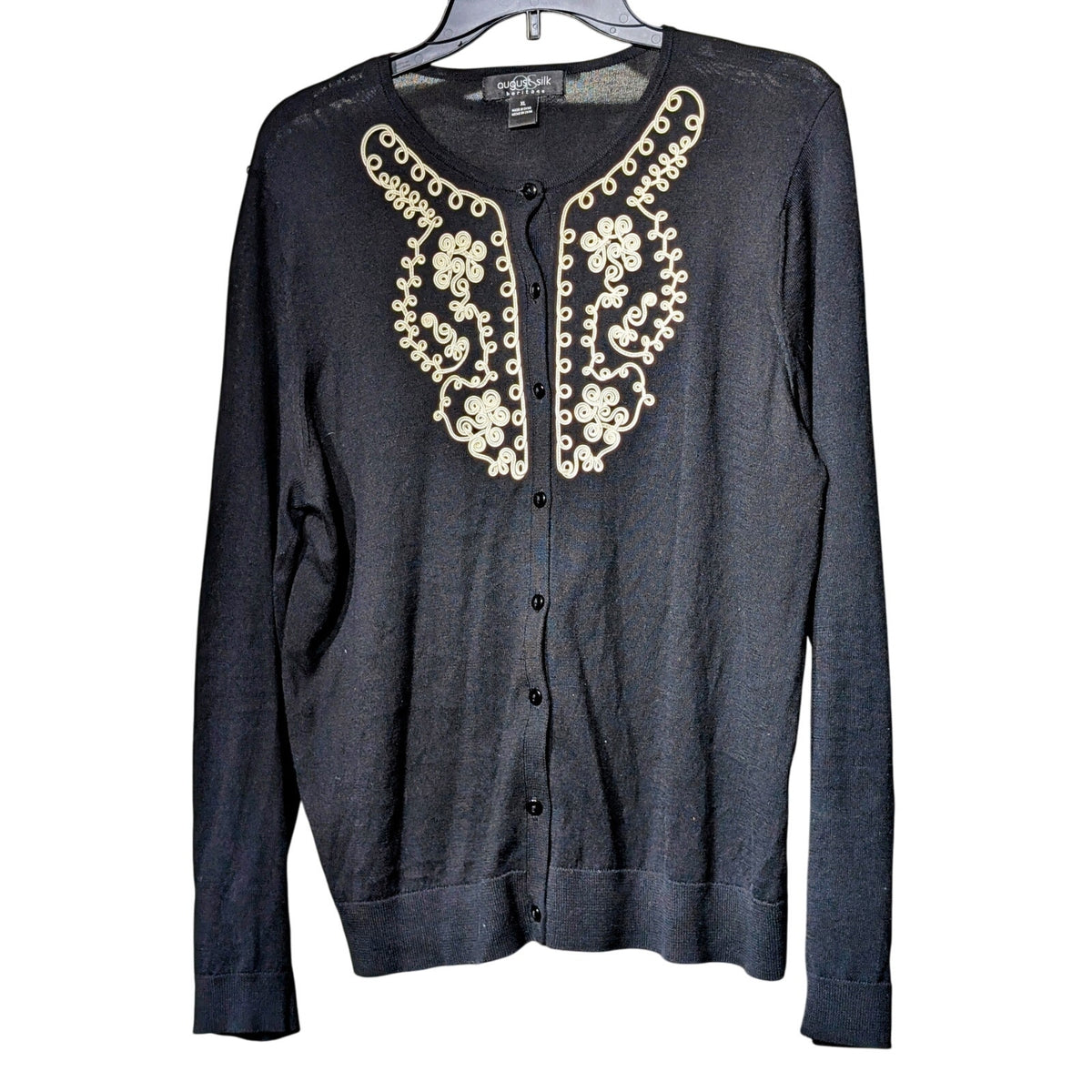 August Silk Black Button Front Cream Soutache Trim Cardigan Sweater Womens Sz XL