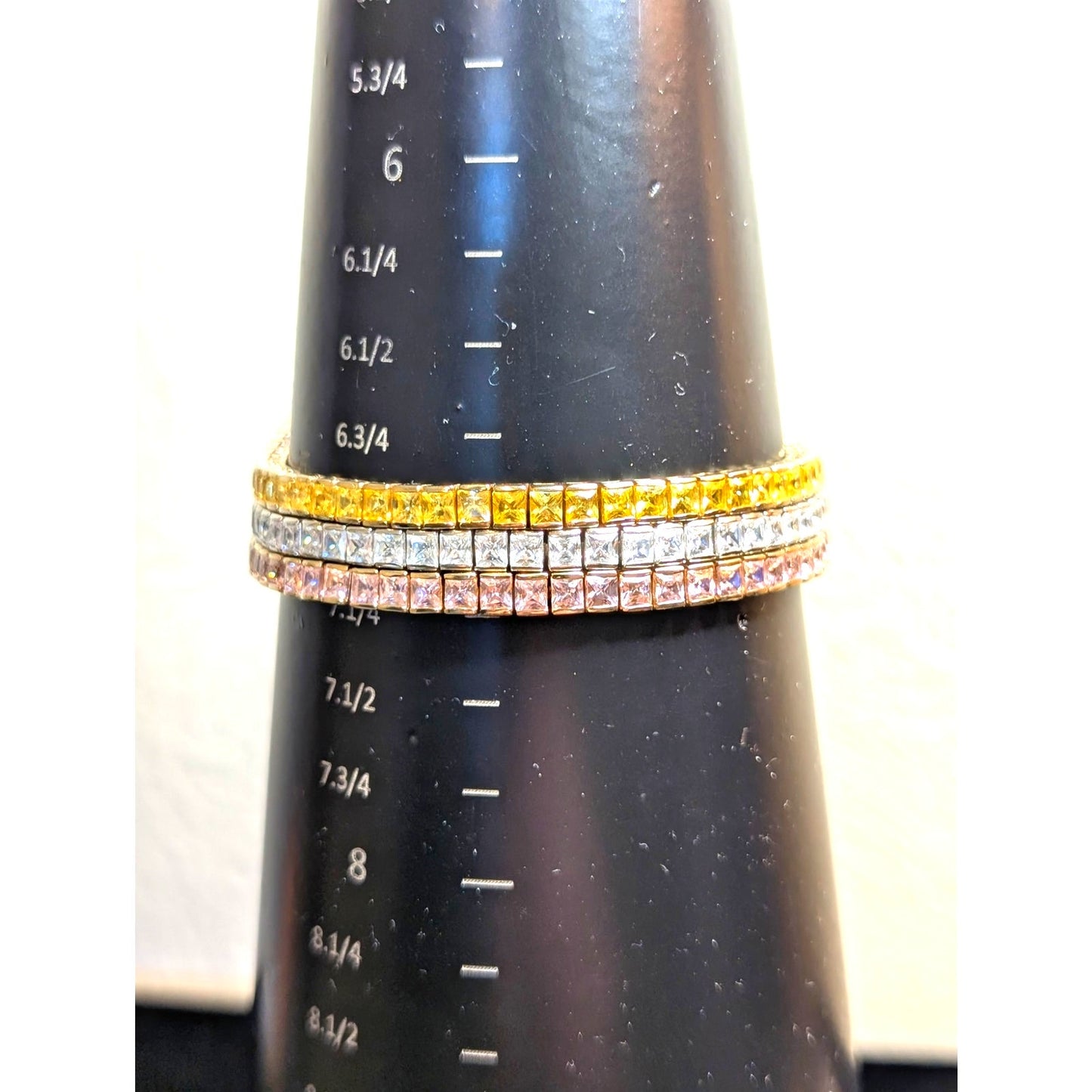 PJM 925 Sterling Pink Yellow Clear Princess Cut Three Strand Tennis Bracelet