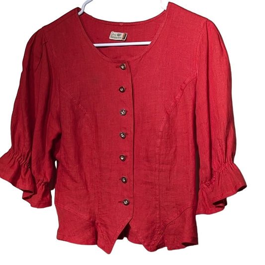 Resi Hammerer Red Vintage 80s Button Front Ruffle Three Quarter Sleeve Top Sz S