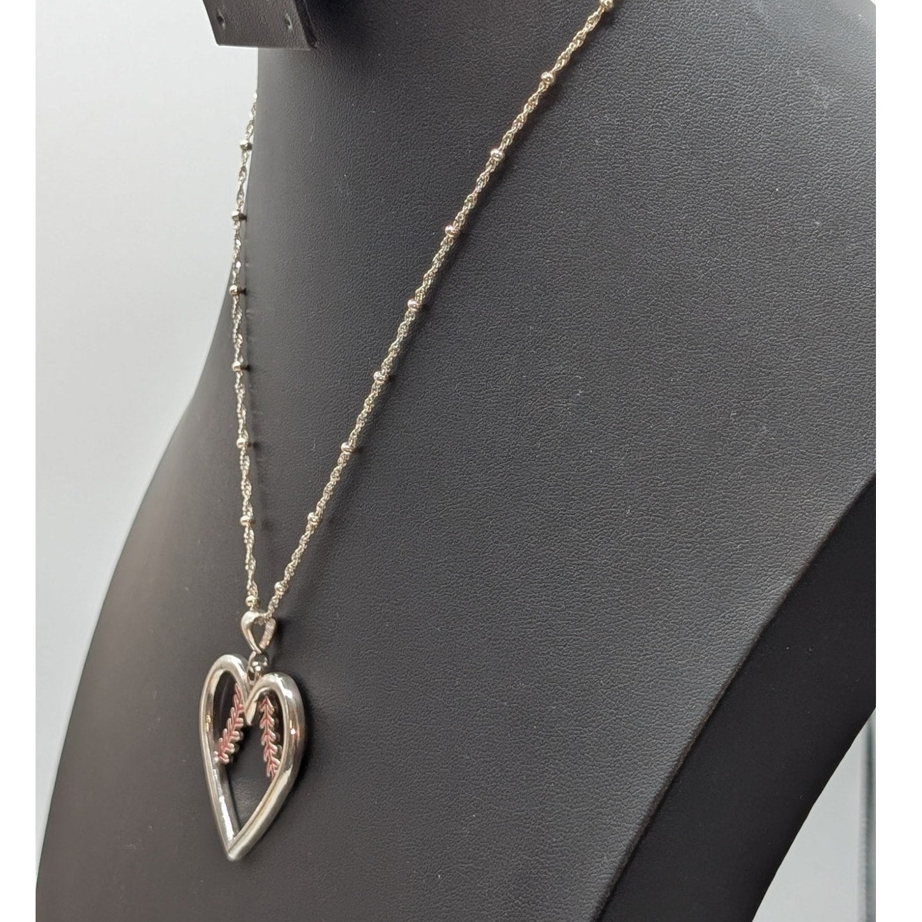 Large 925 Sterling Silver Red Enamel 'Baseball Heart' Pendant Chain Necklace