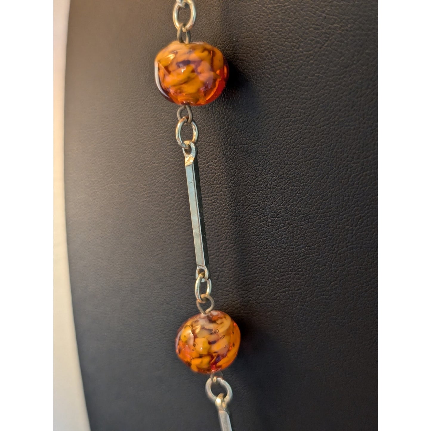 Rare Vintage Mid Century Amber Art Glass Bar Bead Gold Tone 30" Necklace