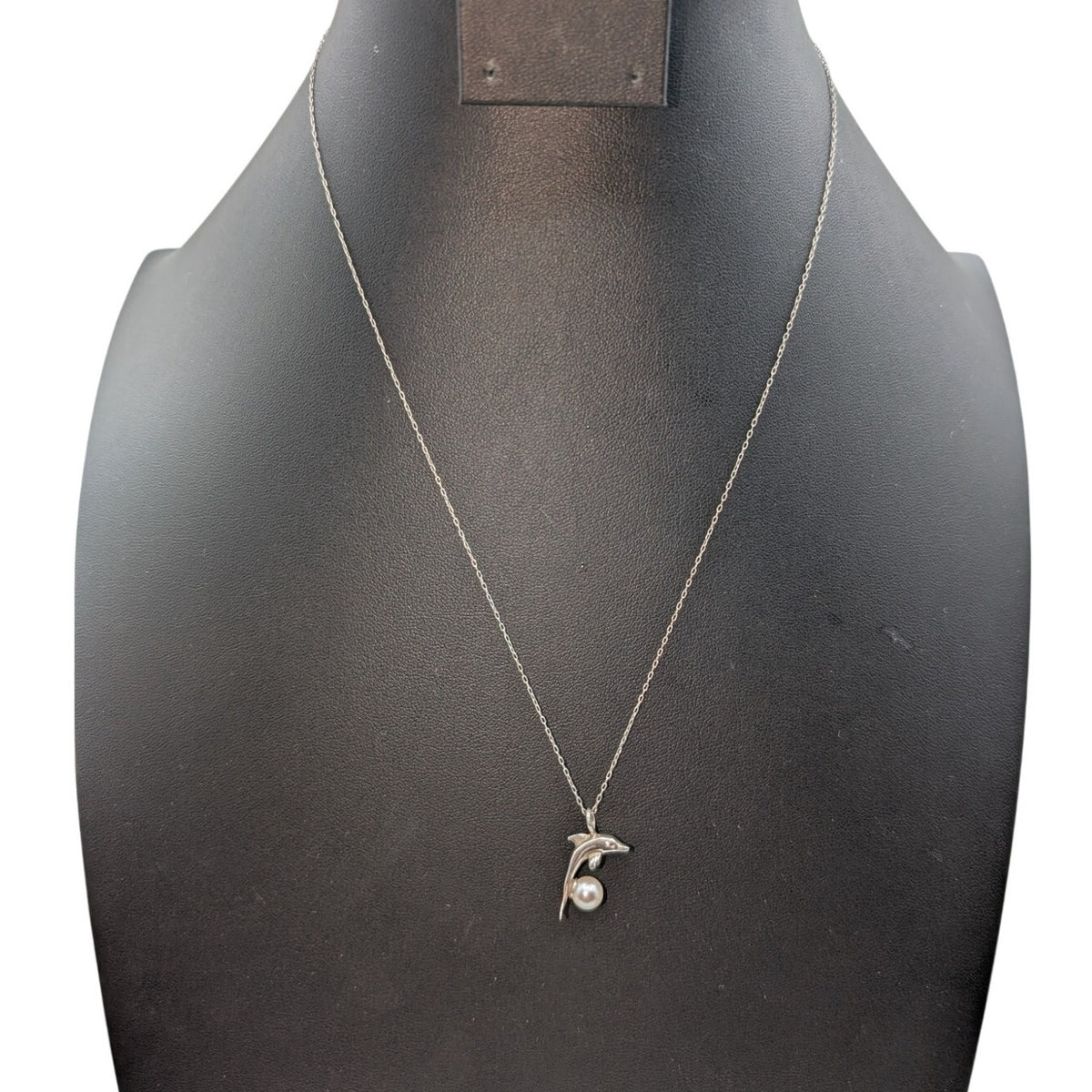 Vintage 925 Sterling Silver Dolphin Leaping Over Genuine Pearl Pendant Necklace