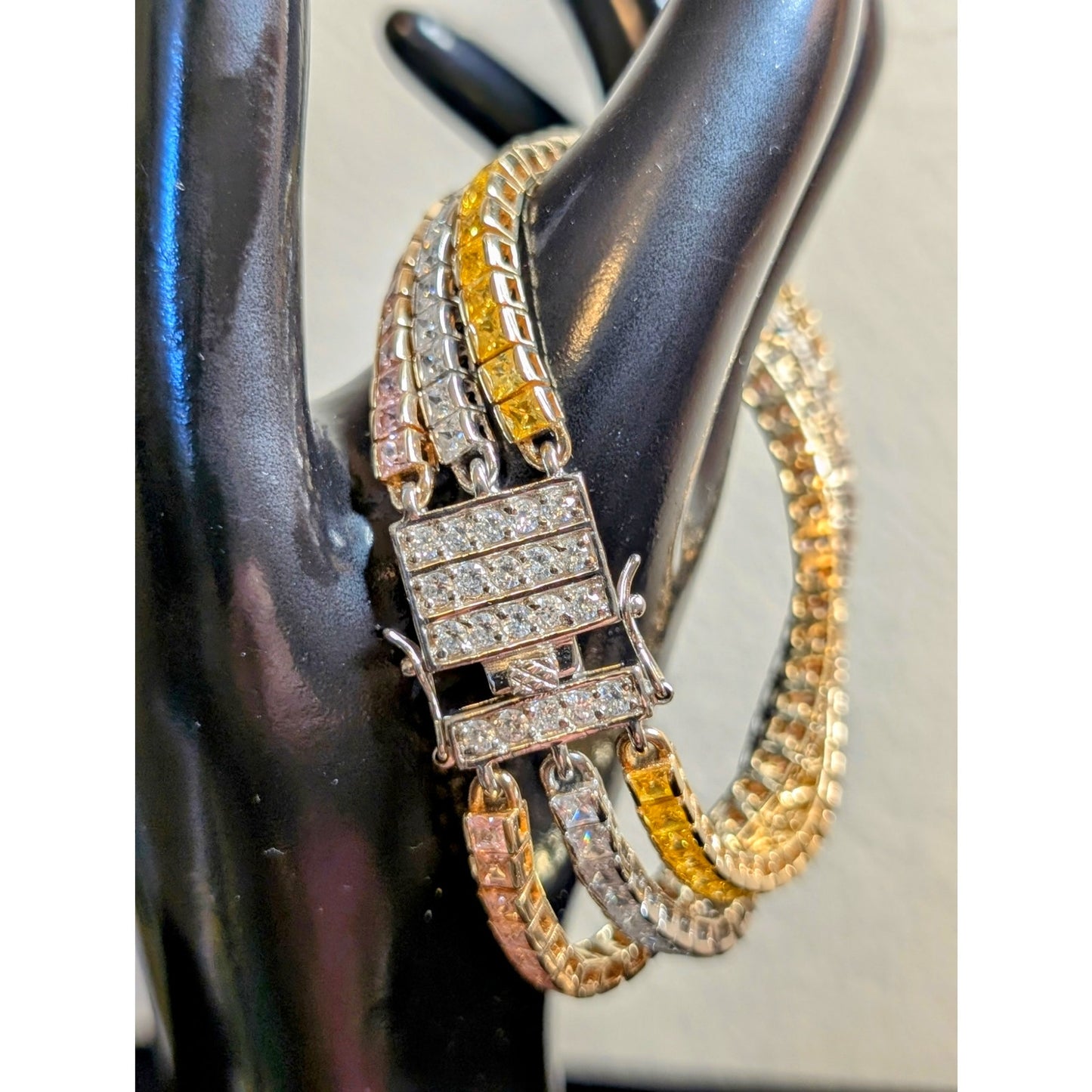 PJM 925 Sterling Pink Yellow Clear Princess Cut Three Strand Tennis Bracelet