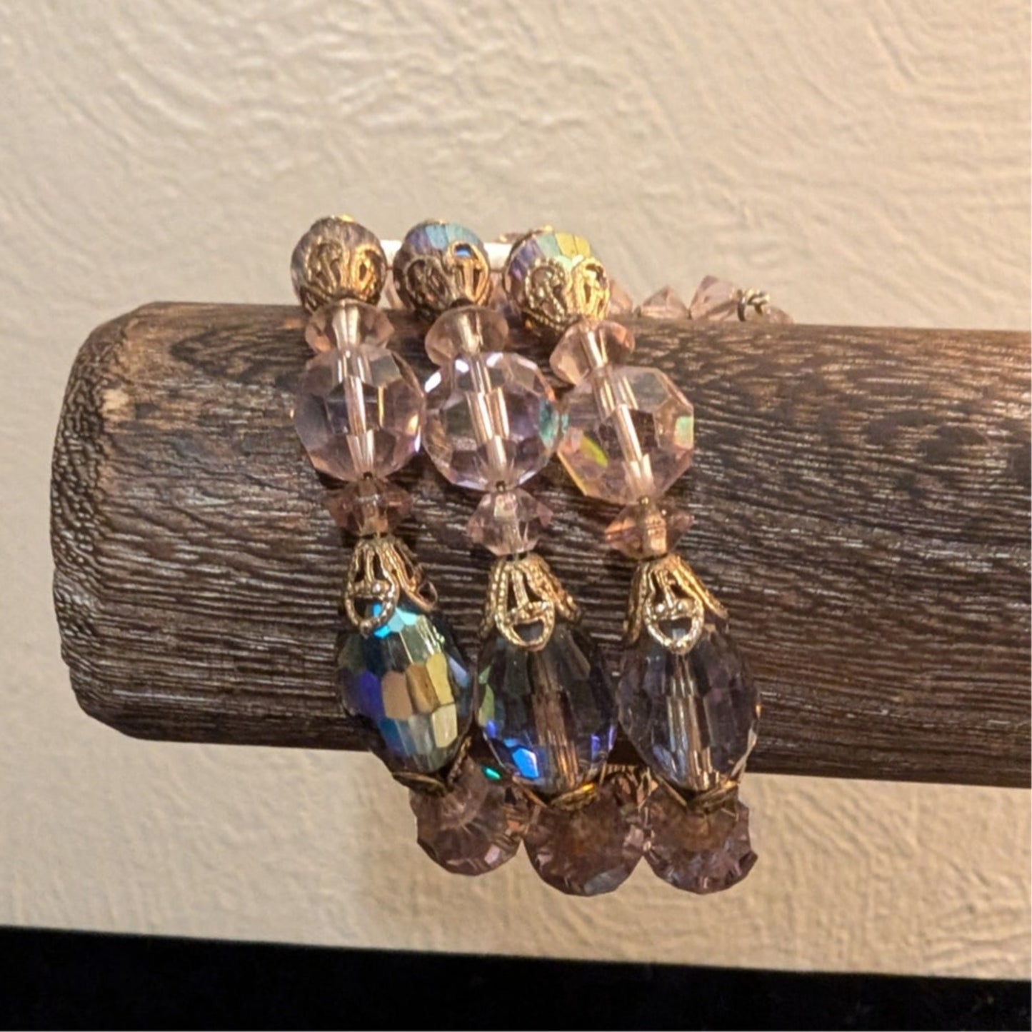 Vintage Three Strand Purple Aurora Borealis Crystal Necklace & Bracelet Set