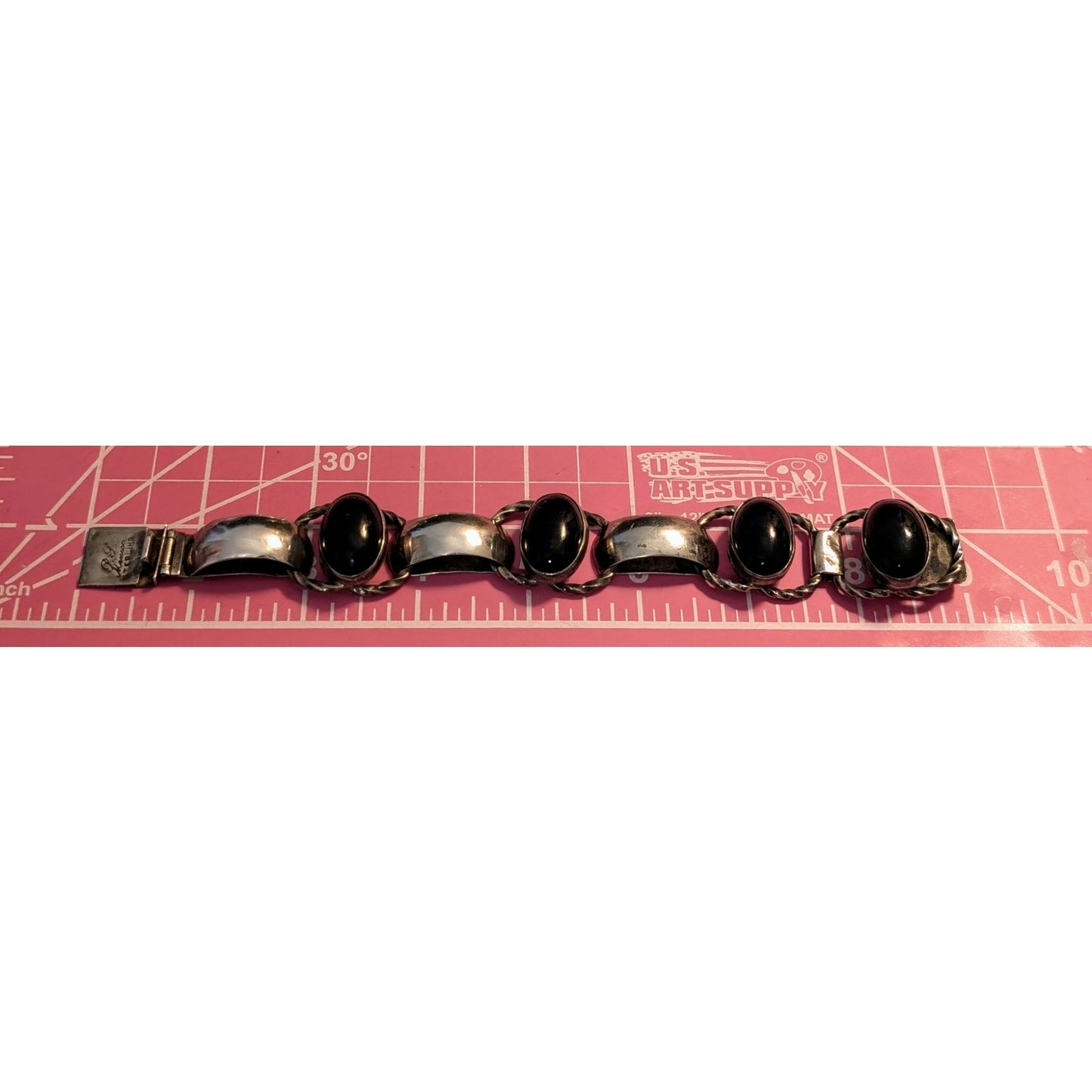 Signed P.Y. Mexico Vintage Sterling Bezel Set Black Stone Chunky Link Bracelet
