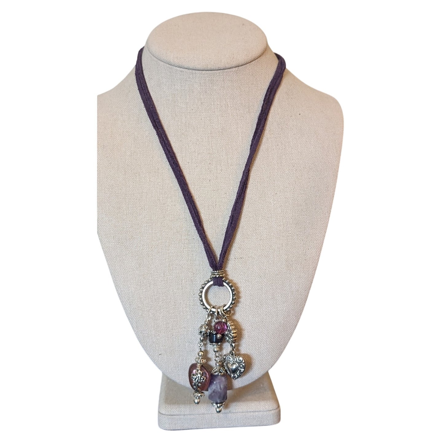 Vintage Purple Leather Bold Amethyst & Glass Silver Tone Charm Necklace