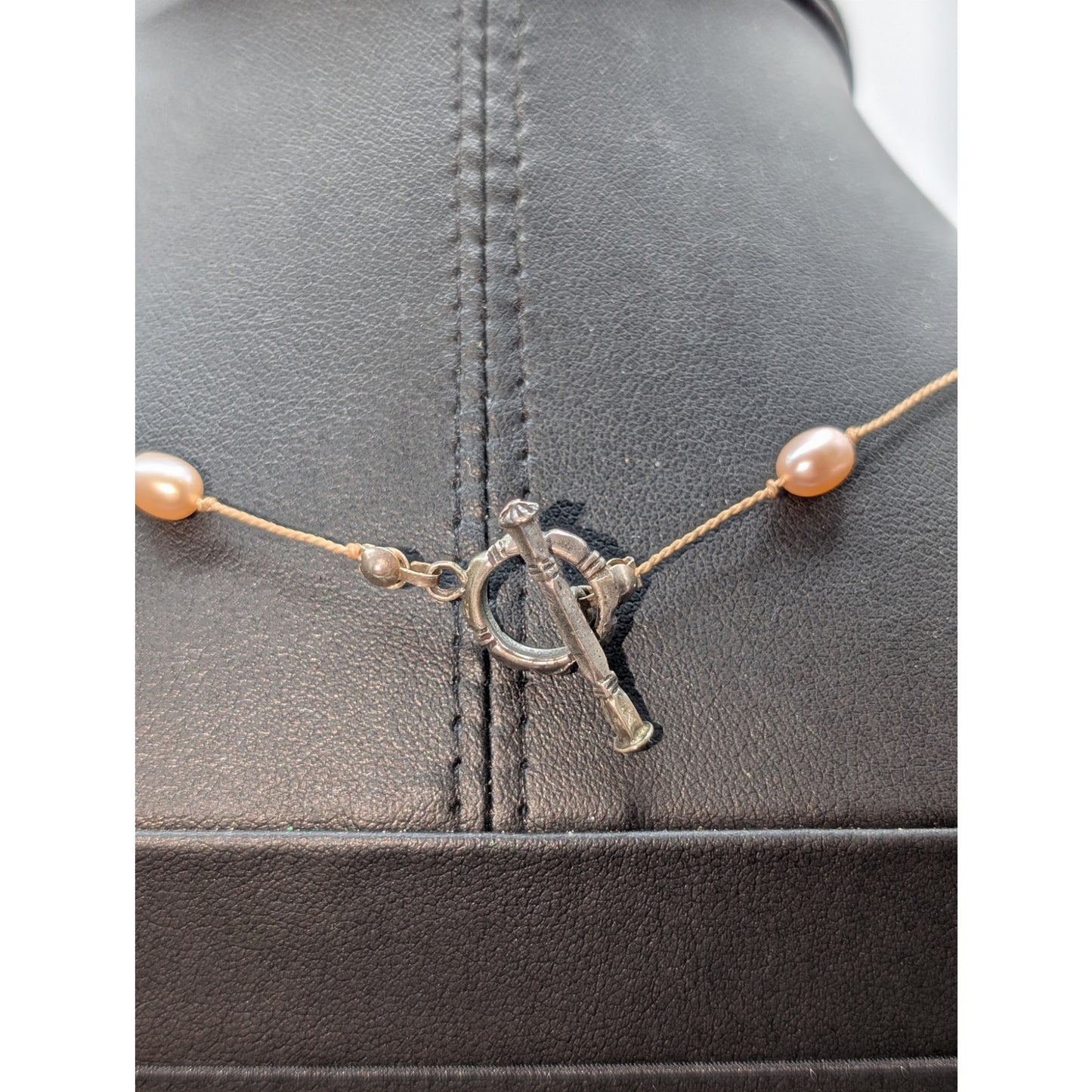 VTG 925 Sterling Silver Pale Pink Pearl Crystal on Cord Toggle 17.5" Necklace