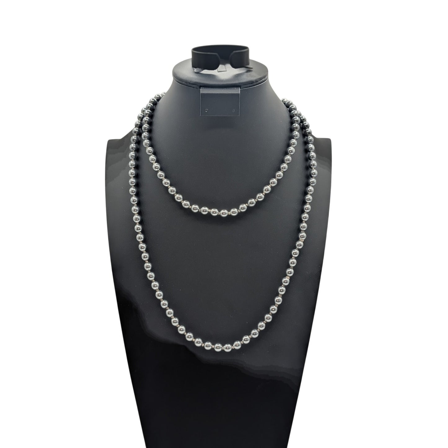 Knotted Silver 46" Long Strand Glass Faux Pearls