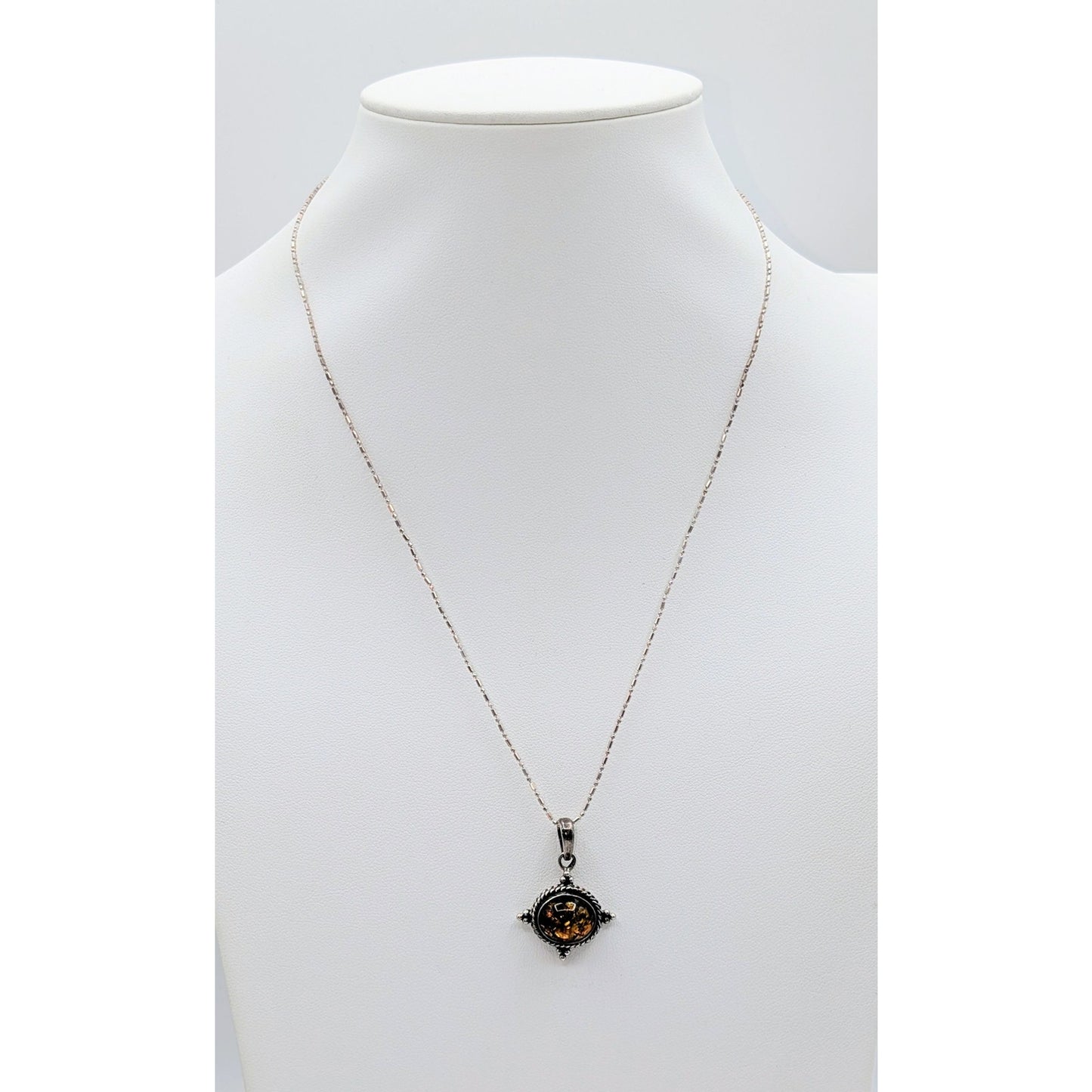 Vintage Sterling Silver Amber Pendant on 18" Sterling Bead Bar Chain Necklace
