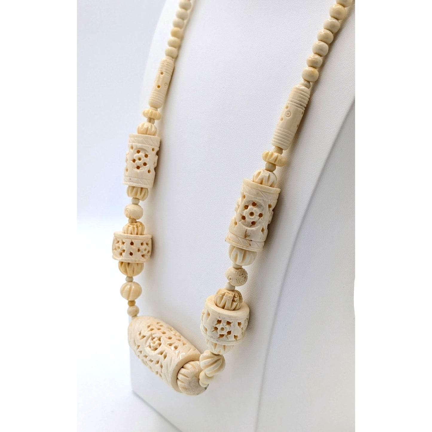 Antique Cream Hand Carved Pierced Bead Barrel Clasp 26" Necklace